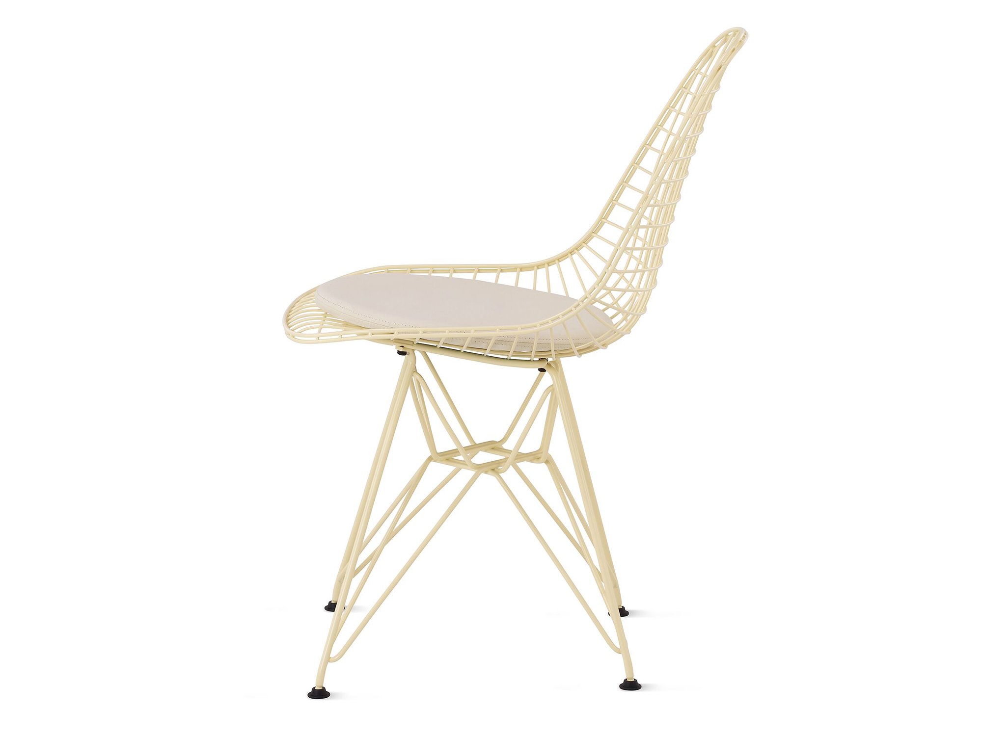 Powder yellow wire upholstered chair with wire base side view